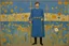 Placeholder: Euan Uglow-Klimt oil painting, Otherworldly, 1970s tufting tapestry the knight of blue and flowers standing with his weapon posing for painting