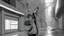 Placeholder: A brutalist architecture cyberpunk alley in a simple anime style, grayscale, rainy, dark, pitch black, foggy, with a girl wearing techwear clothing and a hoodie up leaning against the wall and showing her serious/emotionless face, with a more tanned skin tone, on the right side of the image