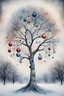 Placeholder: A leafless tree in winter, baubles, ornaments, snowflake cutouts, decorations, Elegant, fantasy, intricate, beautiful, colorful, Wassily Kandinsky, art deco style, textured pointillism, Minimalism, dreamy, Sherry Akrami, Watercolor with pen outlines, Magical, whimsy, Snowflake cutouts