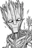 Placeholder: an image groot looking cool. kids coloring book. no color. thin crisp lines