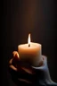 Placeholder: close up photography of female hands holding strong a very long burning wax candle, in a dark room, ambient occlusion, photorealistic