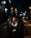 Placeholder: singer coco jones, on a very dark street in brooklyn at night, deep shadows, dramatic lighting, moody aesthetic, dark cinematic lighting, they are standing beneath a streetlight, dramatic shadows