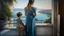 Placeholder: Neoclassicism mother and child waiting whole body zoom out realistic cote d'azur painting from the back