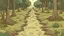 Placeholder: Cartoon style Forest with trees, muddy footprints in the path, in the middle of the picture. Trees on the left and right from the path.