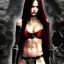 Placeholder: Ultra realistic, beautiful woman, long hair, 8-pack abs, black robe, evil, long nails, dark red and gold leather armour, magic, hung