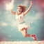 Placeholder: The youthful exuberance of adult cheerleader jumping in cotton outfit [vintage style noisy scratches glitches, Shot the texture and then rewound the film and double exposed]