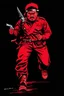 Placeholder: indigenous canadian warrior(uniform and face based on racist steriotypes) running towards viewer, a knife i one hand, and a gun(barrel pointing at viewer) in the other. blocky retro 1960's jack kirby style poster in monochrome with white background