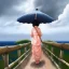 Placeholder: view from behind of japanese girl with bamboo umbrella looking up a break of white clouds and sunlight in the middle of a stormy sky, wooden walkway, ocean, 8k, high-quality, ultrafine-detail, intricate, digital painting, brian froud, howard lyon, selina french, anna dittmann, annie stokes, Greg Rutowski