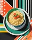 Placeholder: collage, risograph, a bowl of risotto, semi-overhead view, halftone pattern, modern design stylized, acrylic and ink, tint leak, bold solid colors