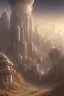 Placeholder: spaceship in an alien desert city surrounded by strange tall buildings