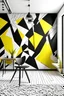 Placeholder: Create handpainted wall mural with triangles arranged in a whirling motion, creating a sense of movement inspired by Vorticism. Opt for a bold contrast of black, white, and bright yellow for a striking visual impact."