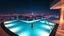 Placeholder: Luxurious pool in a futuristic skyscraper, transparent edge merging with the night cityscape, water illuminated from within with lights that subtly change color depending on the swimmer's movement, glowing city stretching to the horizon as an inverted reflection of a starry sky, minimalist architecture with clean lines and modern materials, elegant cyberpunk style with long exposure night photography