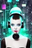 Placeholder: Post-apocalypse. anti-technology. Technological singularity. Fake smile, camera-eyes, cables, selfies, 3D-tiles background, lighted shelf full of heads, cyber-punk full-mask. Lay figure woman with plastic milky, plank skin, no head. Haute Couture 90's. Light from right. Silver, black, Cyan. Big AKG headphones. Golden rings and discs. Thick tights, Thick calves, Curved fell, Wide hip. Two torsos are growing from the long tippet of earlier torso. Torso fractals. Outer most head, blinking one eye.