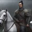 Placeholder: A 40 year old mercenary in a battle jacket and travelers cloth. He is riding a dark gray horse. He is tall, slim, has a sharply cut face. black hair, short ponytail on the top of his head. Perfect eyes. Perfect hands. Perfect feets. Glows. fantasy setting. A river ford in a wood. concept art, mid shot, intricately detailed, color depth, dramatic, 2/3 face angle, side light, colorful background. Style of Frank Frazetta