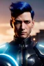 Placeholder: Male Cyborg anime warrior, dark blue hair, ponytail, blue eyes, waist up portrait, 8k resolution, intricate details, ornate details, soft lighting, vibrant colors, retroanime, masterpiece, intricate eyeliner, dark eyeshadow, eyes, futuristic cityscape background