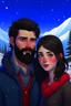 Placeholder: Mountain Christmas scene, dark haired couple, man with short black beard, blue eyes
