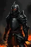 Placeholder: make a painting of a knight in black fire armor in the style of dark fantasy comics, the knight wears no helmet and is Lancelot