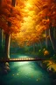 Placeholder: In the foreground is a wooden bridge over a river, in the background is a park with plants and trees, leaves are falling from the trees, the season is autumn, without people, anime style