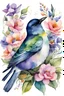 Placeholder: Watercolor, flowing art, pastel, delicate colors, colorful musical notes and flowers, satin, stilizyed, silk, in the middle a realistic Highly detailed watercolor illustration of a bird sitting on a housebird portrait