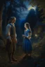 Placeholder: A prince and a village girl secretly meet by the moonlight in an oil painting forest Photorealistic