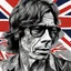Placeholder: Double exposure high quality ((Replica of the "Tattoo You" Rolling Stones album cover art)) (Black ink Illustration head and shoulders b/w portrait of a 35 year-old Mick_Jagger with slick styled-back hair, three quarters angle, detailed precise maori tattoo all over his face), ((union jack matte background sky)) precise rendering, architectural drafting Modifiers: naive art whimsical