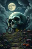 Placeholder: A surreal landscape featuring a massive skull-shaped glossy structure resembling a decayed house, surrounded by twisted vines and glowing head skull. Steps lead up to the entrance, with small humanoid figures scattered throughout a dense, eerie garden filled with unusual plants and fungi. Overhead, a large, ethereal moon illuminates the scene, while stormy clouds loom in the sky, adding to the ominous atmosphere.