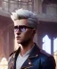 Placeholder: Young attractive male, blonde hair, slight beard, clear glasses, cinematic, depth of field, blue eyes, leather jacket, happy