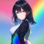 Placeholder: Clear Focus, High resolution, girl wearing a 1980 outfit, rainbow eyes, medium hair length, black hair with a gradient of rainbow