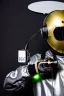 Placeholder: Metallic Cyber-punk style man with a web-camera-mask and old AKG-style headphones with golden. Large fencing mask covers man's cheeks. Man in good body shape. Reflective plastic body surface skin, full-coverage. Body and head full of integrated old-fashioned cameras and an old telephone. Silver to black latex surfaces body. Perfect body. Equations, Euclidean 3D-tiling, Escher tiling. Cables in head. Daft Punk 1996. Matrix black leather jacket with a Hood. Chains.