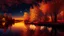 Placeholder: River, trees with golden and red leaves, autumn, a beautiful night sky, visible galaxies