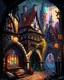 Placeholder: medieval fantasy cobblestone town with stained glass window buildings fairytale rpg art