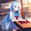 Placeholder: Clear focus, High resolution, long fluffy light blue hair, hair between eyes, long locks, wearing a sailor uniform, wearing a sailor skirt, long black socks, 1girl, cartoon, cute, UNFOTABLE studio, red tie