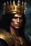 Placeholder: Gothic Gold framed painted portrait of a very handsome and muscular warrior King wearing a small gold crown. His hair is long and dark and he has dark eyes, dak fantasy