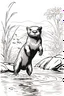 Placeholder: realistic sketch for coloring page with a giant otter (Pteronura brasiliensis) splashing in the water, with jumping fish and lush river banks in the background. white background, sketch style, pure line art, no shadows, clear and well outlined, only the outer line