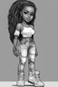 Placeholder: Create a black and white coloring page of a cartoon of a curvy African American chibi female wearing tight jeans and a off the shoulder blouse. She is also wearing timberland boots.. Highly detailed very long extremely braids of hair. Her skin is smooth and silky. Background of a track of ATV riders. No coloring, no shading, no grayscale,