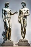 Placeholder: in a modern art display, two famous statues are next to each other, one is David and the other is the Discobulus statue. The discobulus hand covers the private part of David, they both look disgusted at each other