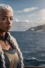 Placeholder: twenty-year-old mulatto sorceress, with wavy snow-white hair, sadly looking at the horizon on the bow of a ship, with the wind blowing her hair.