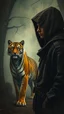 Placeholder: Hieronymus Bosch and Van Gogh styles , a young hooded man , a tiger is standing by looking at you In foggy smoky background