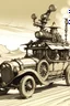 Placeholder: Sketches, A steampunk car driving in desert, inking art