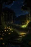 Placeholder: generate me an image of luxurious gardens with tall overflowing foliage and beautiful flowers at night with fireflies