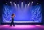 Placeholder: modern stage with gray-blue theme artistic decoration , color full dynamic lighting, a beautiful lady in pants and blouse with shining silver jewels dancing, 3D recursive fractal structure animating background