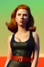 Placeholder: retro portrait image from 1960, Moscow background, wind, long red hair, fighting stance, sweet young Scarlett Johansson, classic black tight lycra suit, weapon, gold bracelet and belt, high heel boots, soft color, highly detailed, unreal engine 5, ray tracing, RTX, lumen lighting, ultra detail, volumetric lighting, 3d, finely drawn, high definition, high resolution.