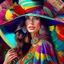 Placeholder: Hermosa mujer con sombrero y vestido coloridos, calidad ultra, hiperdetallado, increíble obra de arte, maximalista,12k