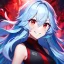 Placeholder: Clear focus, 8k, beautiful lighting, vibrant colors, girl, light blue hair, long hair, vibrant red eyes, messy hair, angry, smile,