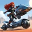 Placeholder: una mujer pelirroja, con un mono con cremallera, guantes, botas altas, capa y antifaz, dos pistoleras: she drives the 'Jumping JACK' Turbo Hovercycle on the outskirts of Palladium's RIFTS Earth.