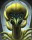 Placeholder: Distorted large yellow insectoid alien black eyes, in a mall, sci-fi art, graphic design, digital illustrated scene, alien art, high strangeness, absurdist, cartoonists