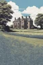 Placeholder: disused, Victorian manor house, blue sky, over-grown fields, vector art