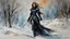 Placeholder: a warrior woman in black armor on the background of a cold snow-covered country, ice and crystal, frost and snow, oil and pastel, by Leonid Afremov & William Kentridge & Anna Razumovskaya