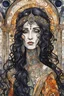 Placeholder: random watercolor Zentangle patterns in the styles of Gustav Klimt ,Wassily Kandinsky, Alphonse Mucha, and Kay Nielsen that depicts an aged and haggard female Spanish bruja, with highly refined facial features, in a darkened cathedral alcove , with fine ink outlining