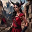 Placeholder: a beautiful tiefling woman with dark hair in a sleeveless battle outfit, amidst the ruins of a medieval town destroyed by war, photo quality, dark red colors